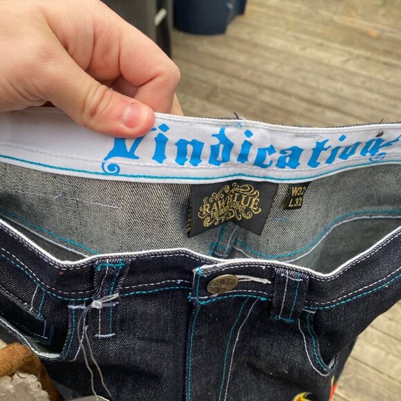 Vintage Y2K Embroidered Raw Blue Vindication Jeans Size 32 Blue BNW - Picture 3 of 7